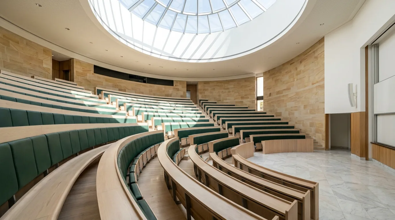 Auditorium | AHEG Skills A large auditorium with tiered seating and a skylight provides a space for higher education training.
